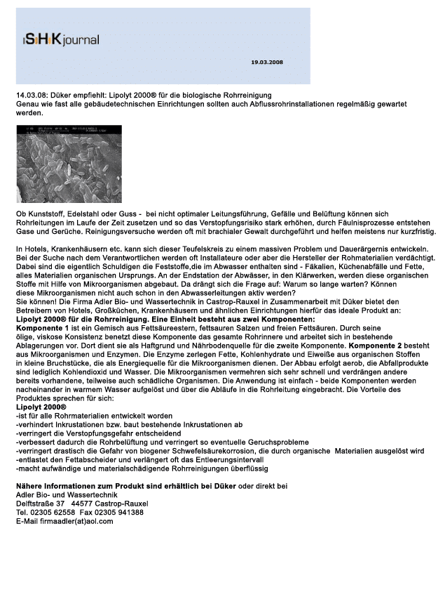 SHK Journal 3/2008. Artikel: Dueker empfiehlt: Lipolyt 2000 für die biologische Rohrreinigung.