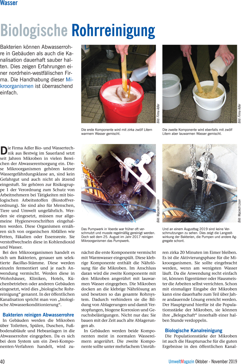 UmweltMagazin Oktober-November 2019. Artikel Biologische Rohrreinigung. Seite 1.