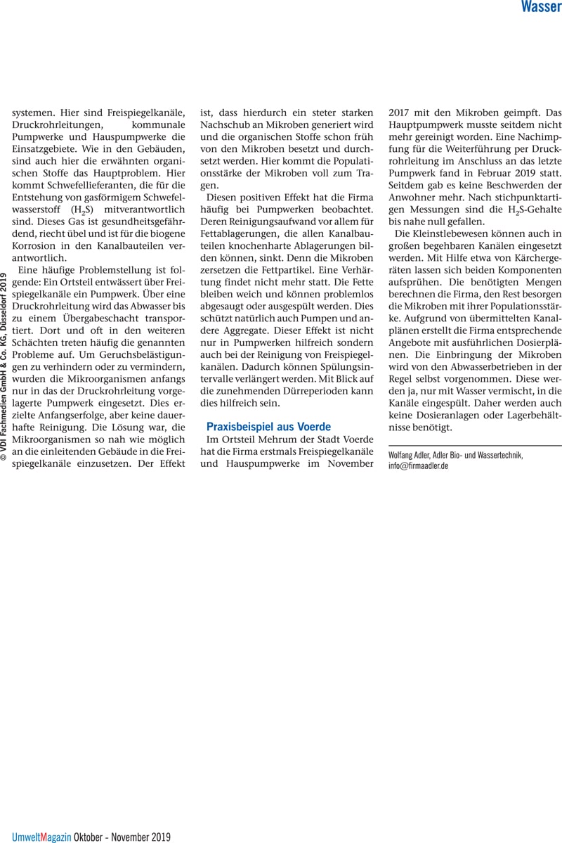 UmweltMagazin Oktober-November 2019. Artikel Biologische Rohrreinigung. Seite 2.